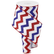 4 Inch White Wired Patriotic Ribbon With Glittered Red and Blue Chevron Stripe, 100 Feet Per Spool (Lot of 1 Spool) SALE ITEM
